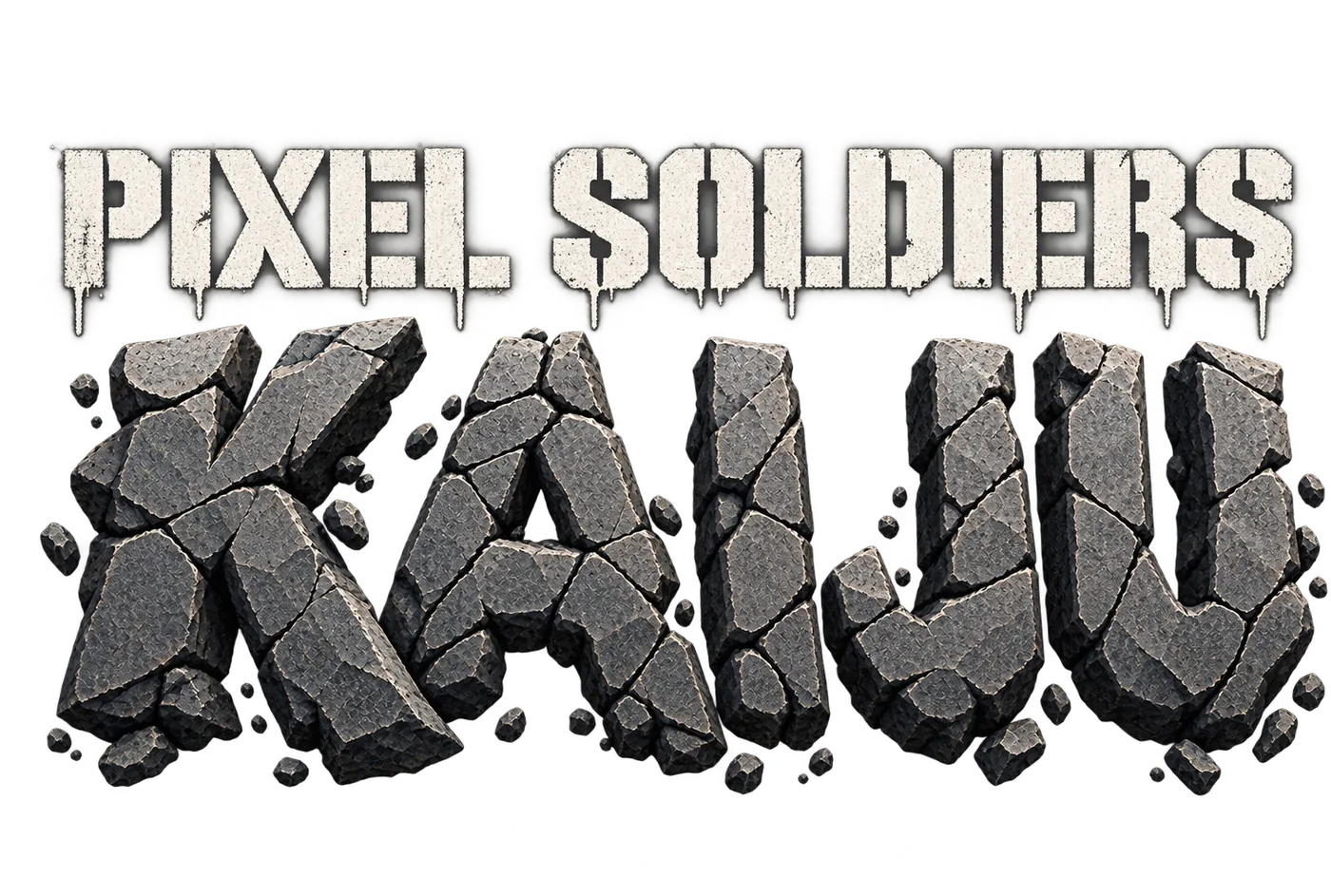 Pixel Soldiers: Kaiju — the title in stencilled type above letters carved from cracked stone.