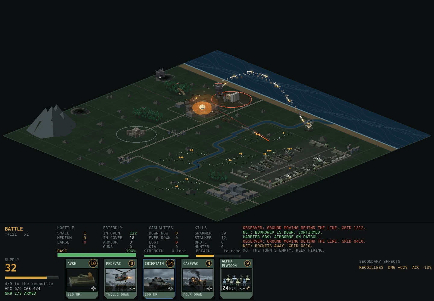 A mission in progress: an isometric map with a rift burning in the centre, units spread across fields and a town, and the battle readout along the bottom.