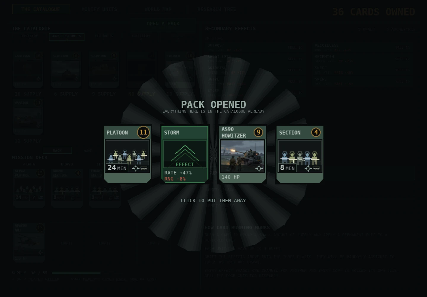 A pack of army cards opened over the catalogue screen: a platoon, a section, a howitzer and an effect card laid out face up.