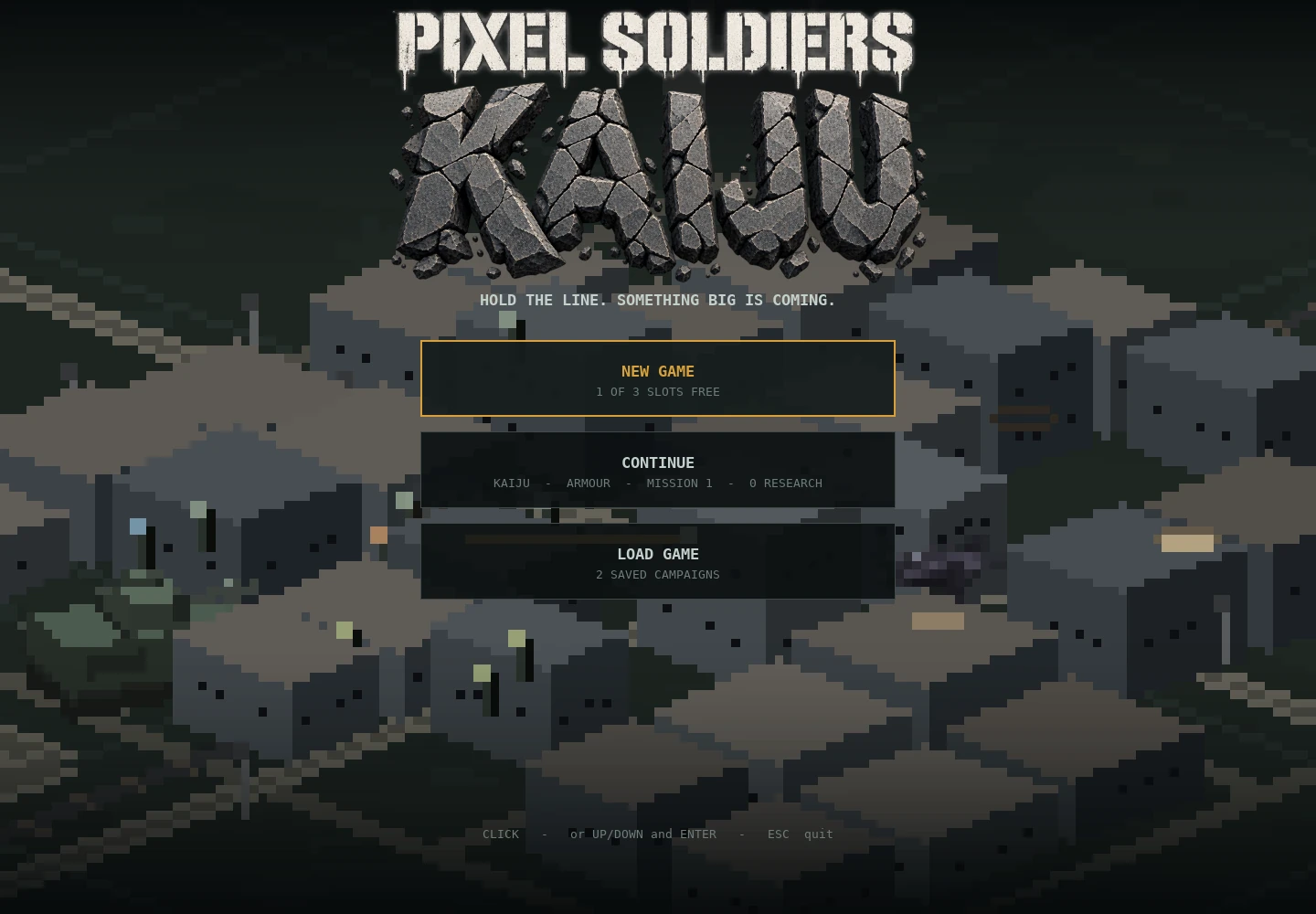 The title screen: the Pixel Soldiers: Kaiju logo over a ruined city, above the new game, continue and load options.