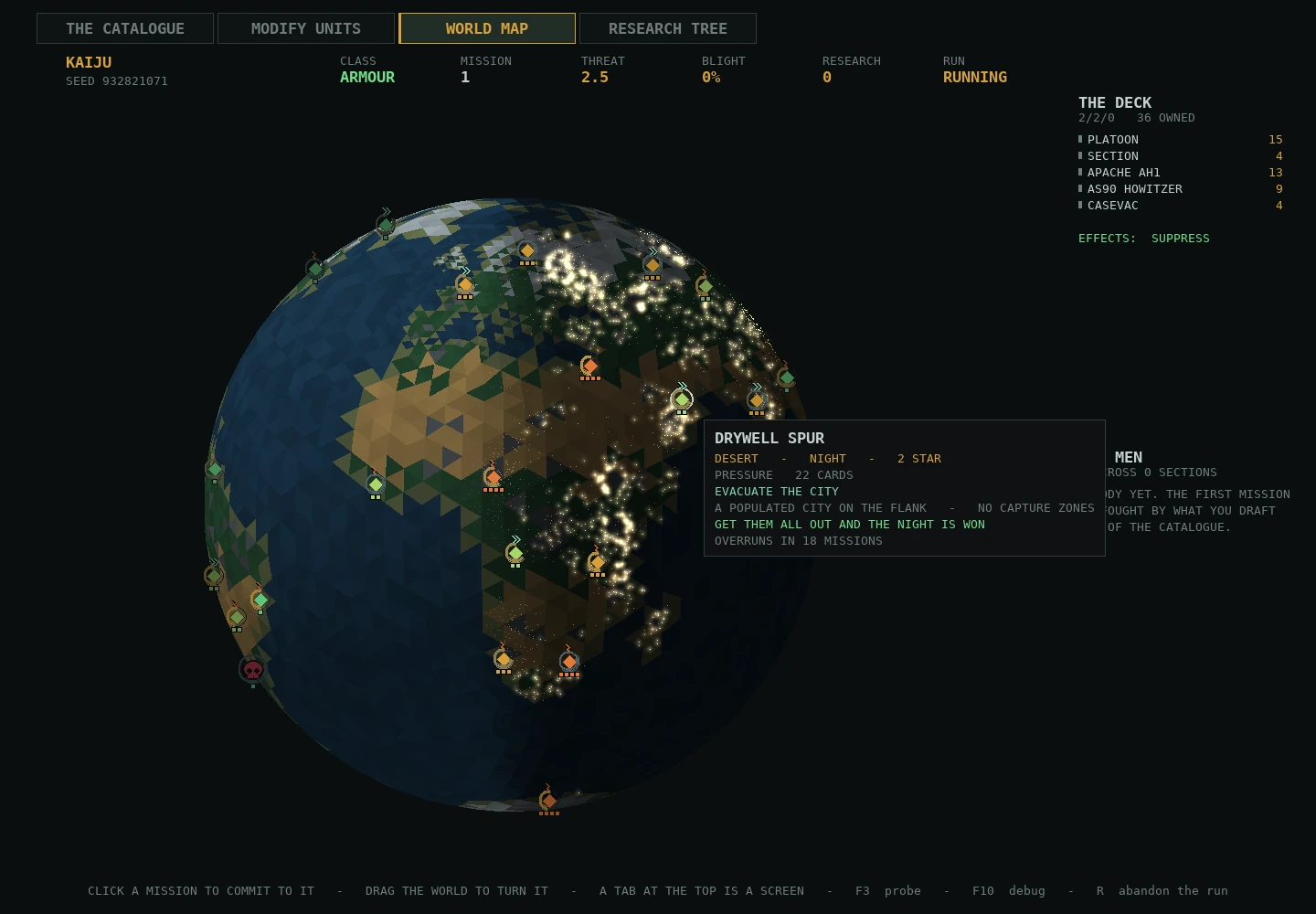 The world map: a globe covered in mission nodes, with one selected showing its terrain, difficulty and objective, and the current deck listed alongside.